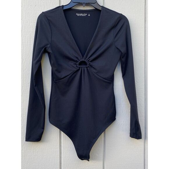 Abercrombie &‎ Fitch Long-Sleeve Seamless Fabric Keyhole Bodysuit Size S Black - Picture 2 of 12
